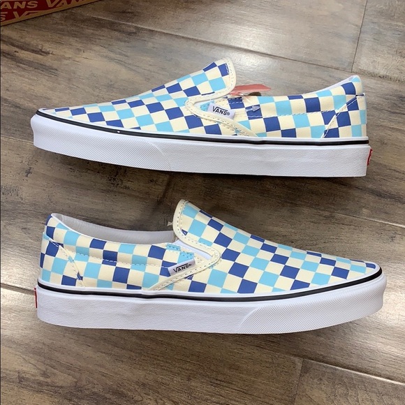 vans slip ons checkered blue